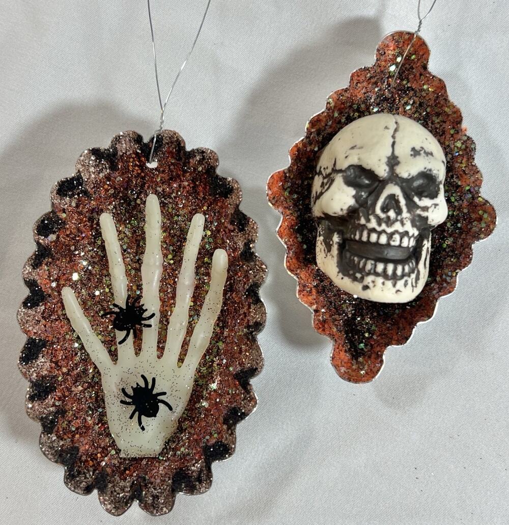 Set of 2 Vintage Tart Tin Dioramas Halloween Ornaments Hand & Skull Skeleton